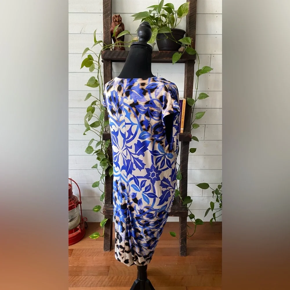 Nine West: Blue V Neck Mixed Animal and Floral Print Dress